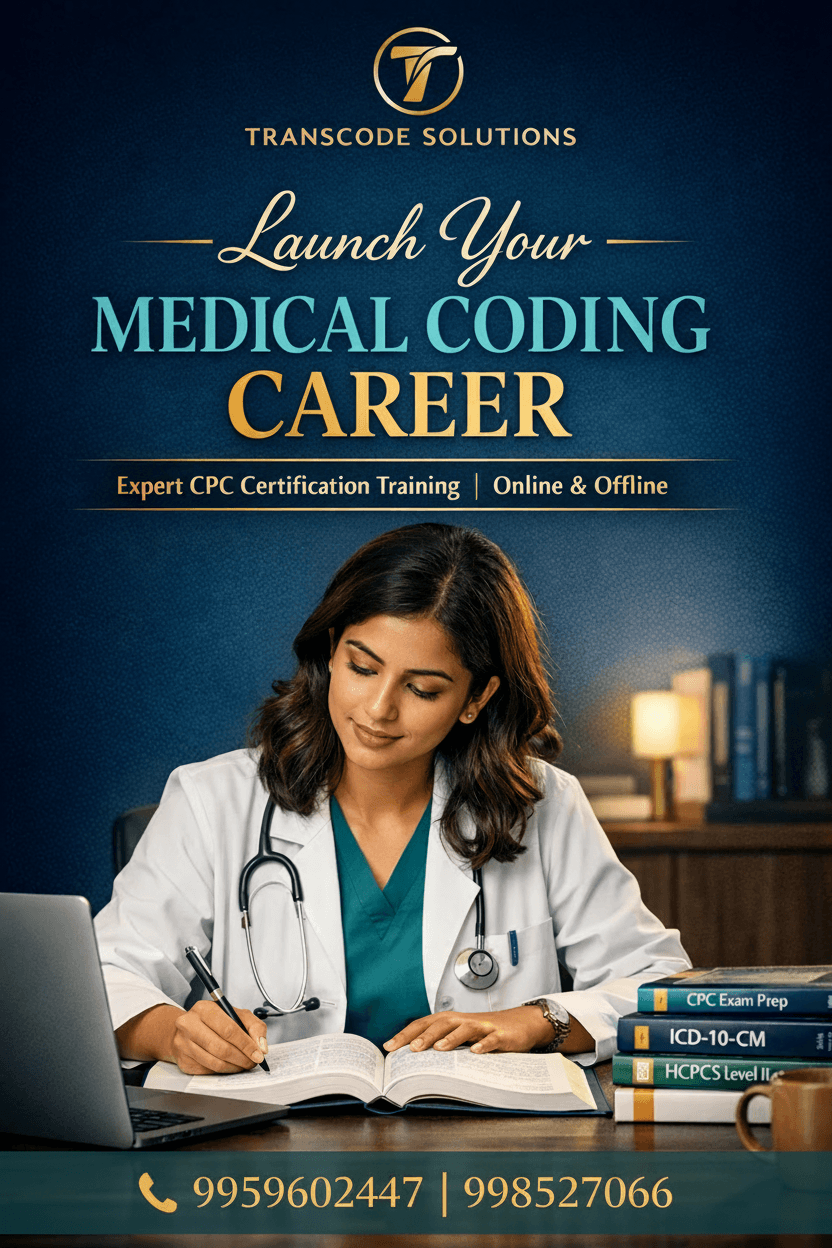 Woman in a lab coat studying medical coding textbooks for professional CPC certification training.