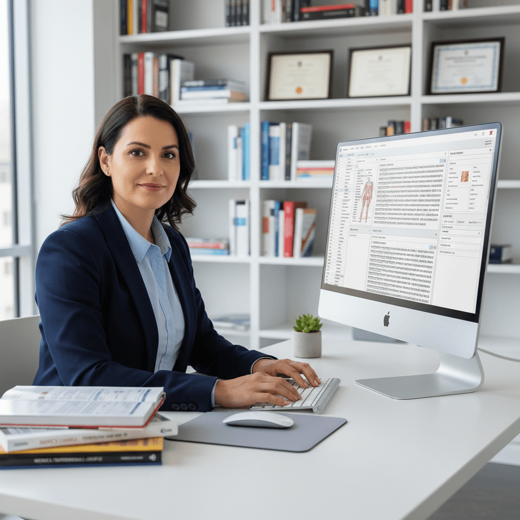 Medical coding professional confidently working at their desk