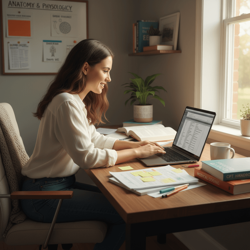 Student completing medical coding coursework online from home
