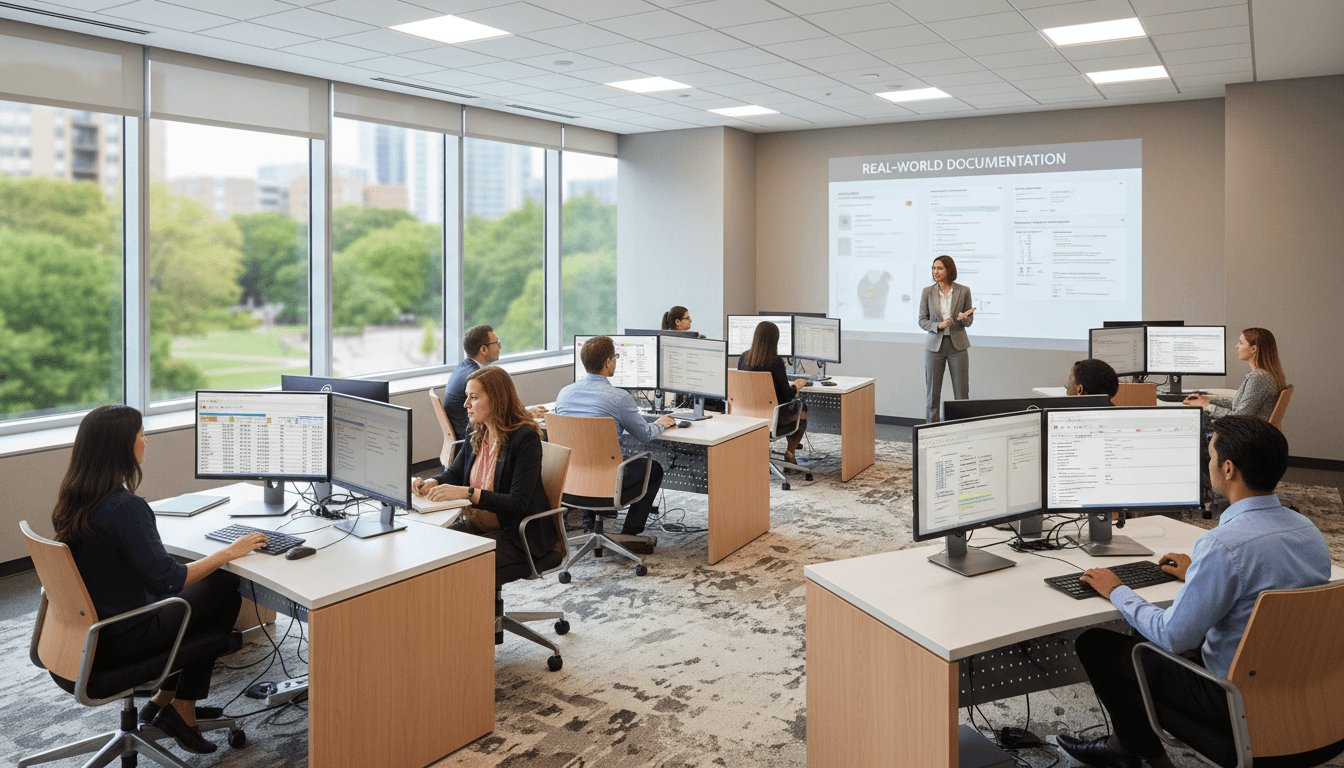 Doctor instructor with 22 years experience teaching medical coding to a student at a computer workstation in a professional training environment